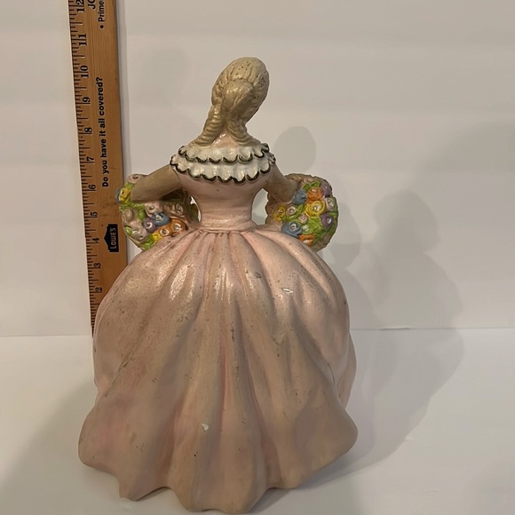 Vintage Chalkware 12” Victorian Lady With 2 Baskets of Flowers Figurine Doorstop - Picture 5 of 16